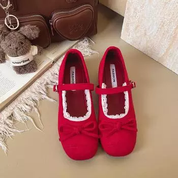 Bow single shoes new fashion suede square head flat bottom with skirt retro women Mary Jane shoes 35