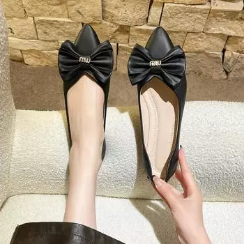 Bow single shoes women s 2025 spring new pointed single shoes women s with skirts soft-soled ladyshoes Korean version Doudou shoes women 35 бежевый