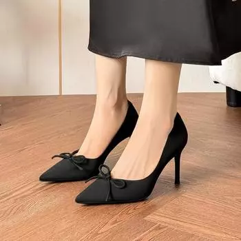 Bow single shoes women s high-end sense, French suede pointed high heels women s thin heels are not tired 34