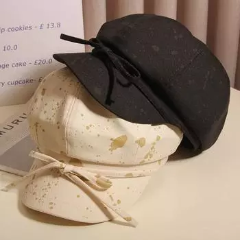 Bow splash ink octagonal hat women s spring and autumn versatile face ducktongue beret literary and retro painter hat M (56-58cm) adjustable