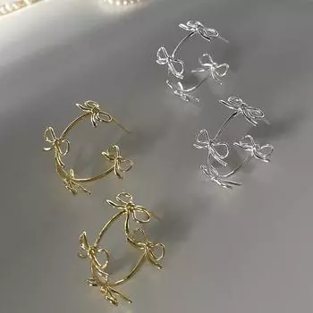 Bow splicing simple circle stud earrings female girl heart Korean version ins fresh and exquisite 925 silver needle earrings earrings 925 silver needles