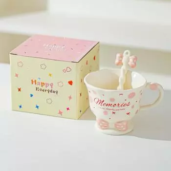 Bow Spoon Goblet Cute Girl Mug Set Drink Water Cup Small Gift Cup High Value Ceramic Cup 301-400ml