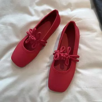 Bow square head Mary Jane shoes women s 2025 spring new red Chinese knot retro temperament flat shoes 35 чёрный