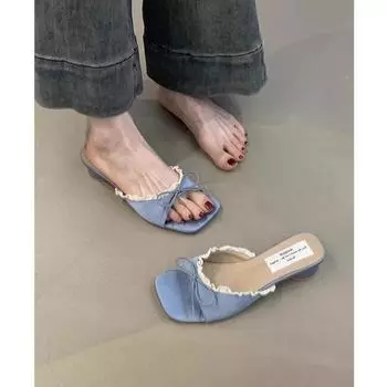 Bow square heel cool slippers women s outer wear summer new versatile temperament elegant thick heel one-word drag 35 королевский синий