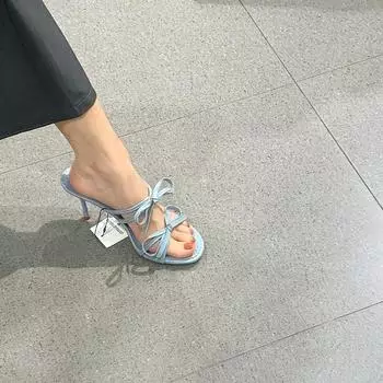 Bow stiletto sandals women s 24 new versatile blue white temperament one-and-a-half drag French open-toed high heels 35 светло-синий