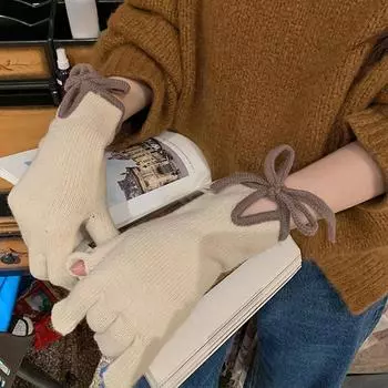 Bow Strap Wool Gloves Warm Finger Gloves Touch Screen Play Mobile Phone Riding Cold Gloves Korea one size fits all красный