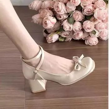 Bow thick heel leather shoes Mary Jane shoes women s new high heels heightening shallow single shoes 35