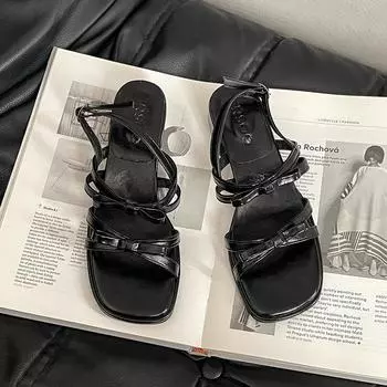 Bow thick heel sandals women s summer new wear versatile one-word buckle belt heightening fashion sandals 35