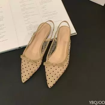 Bow tie French low heel Shoes Fairy style Baotou sSndals Summer mesh breathable flat Ladies elegant shoes exposed heels Zapatos 35
