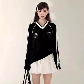 Bow Tie Women Long Sleeved T-shirts V-neck Loose Long Sleeved Pullover Tee Korean Style Autumn New Fashion Women s Top S чёрный
