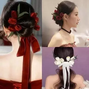 Bow Tulip Headband White Flower Headwear Sweet Velvet Ribbon Hair Band Wedding Accessories вино красного