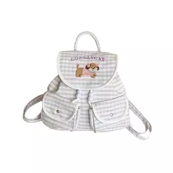 Bow Women Daily School Bag Sweet Embroidery Puppy Plaid Daypack Students