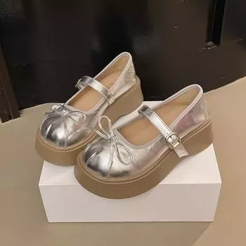 Bow women Mary Jane single shoes spring and summer new sweet buckle high-end leather shoes increase height and show thinness women s shoes 35