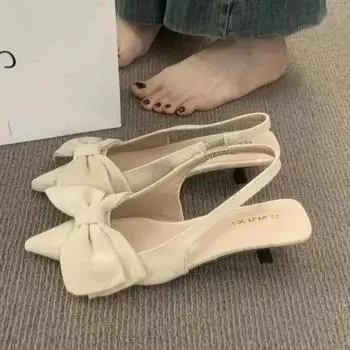 Bow Women Sandals Elegant Pointed Toe Mid Heeled Shoes Sexy Slingback Slippers 2025 Summer Pumps Fashion Luxury Sandalias Mujer 35 абрикосовый