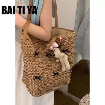 Bow Woven Bag Women 2025 New Trendy Fashion Holiday Style Straw Bag Retro Large Capacity Tote Bag Light brown