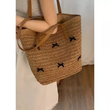 Bow Woven Bag Women 2025 New Trendy Fashion Holiday Style Straw Bag Retro Large Capacity Tote Bag Khaki