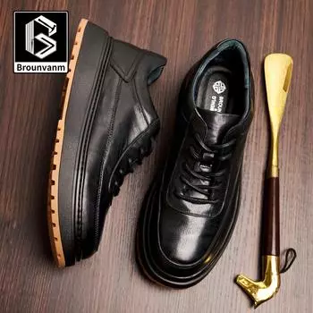 Боуи кожаные британские деловые мужские туфли кожаные туфли дышащие туфли на шнуровке с круглым носком трендовые толстые подошвы дышащие кожаные туфли 38 чёрный