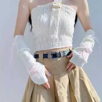 Bowknot Ballet Style Bow Knitted Arm Warmers Ribbon Fingerless Gloves Y2K Warm Sleeves Girl Party