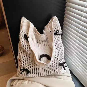 Bowknot Knitting Shoulder Bags Beach Bag Hollow Out Shopper Tote Handbag Crochet Underarm Pouch For Women Travel Pack 33x38cm розовый