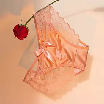 Bowknot Lace Mesh Briefs Sweet Low Waist Underpants Breathable Satin Panties Female L