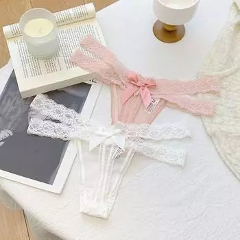 Bowknot Lace Strap Panties Cotton Crotch See Through Briefs Underwear for Women Women L