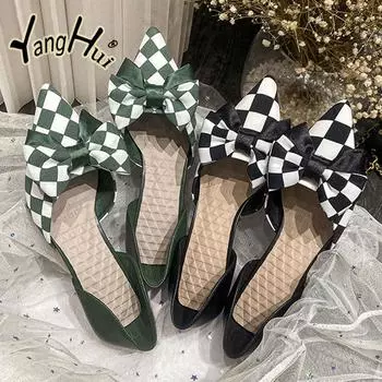 Bowknot Pointed Single Shoes 2024 New Summer New Korean Plaid Pattern Sandals Women Simple Slim Heel Fashion Women s Shoes 34