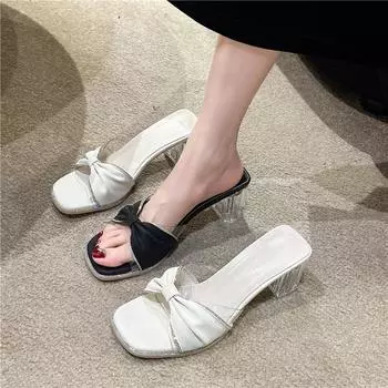 Bowknot Slippers 2024 Summer Fashion Simple Women Slippers Open Heel Solid Color Comfortable Casual High Heels Zapatos De Mujer 35 бежевый