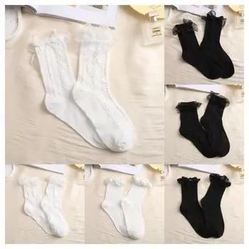 Bowknot Sweet Mid-Calf Socks Elastic Lolita JK Short Sock Korean Y2K Lace Socks Outdoor 6pairs
