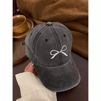 Bows Embroider Baseball Cap Female 2024 Spring New Arrival Washed Distressed American Retro Wide Brim Cover Face Peaked Cap Black Adjustable