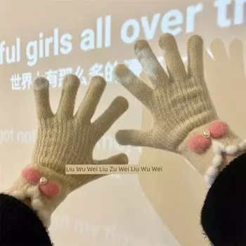Bows Five Finger Gloves Female Cold Protection in Winter Warm and Cute Exposed Two Finger Touch Screen Student Fleece-lined Thickened Winter Khaki All yards