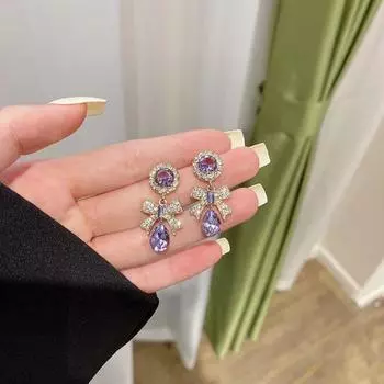 Bows Purple Crystal Stud Earrings 2025 New Arrival Tide Inlaid Sweet Earrings French Internet-Famous Ear Clip Earring Accessories Gold Padded Ear Clip