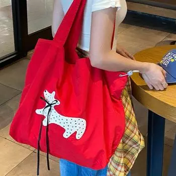 Bows Spotted Puppy Red Canvas Bag Female Korean Ins Large Capacity Work Clothing Everyday Joker One Shoulder Bag Red