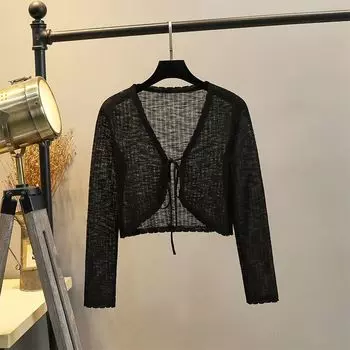 Bows Sun Protection Knit Cardigan Women s Summer Thin Small Waistcoat Short Outer Matching Halter Skirt Shawl Blouse Black L