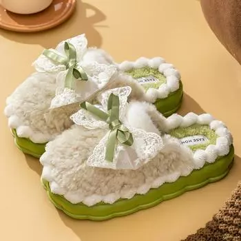 Bows Tie Cotton Slippers Women s Winter Indoor Home Warm Couple Slippers 2024 Thick Bottom Non-slip Furry Slippers Leisure 36 -37