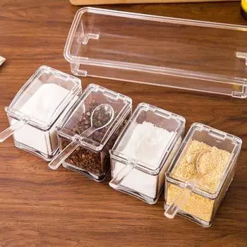 Box Spices Cruet Salt Bottle With Spoon Storage Box Seasoning Jar Kitchen Accessories Organizer