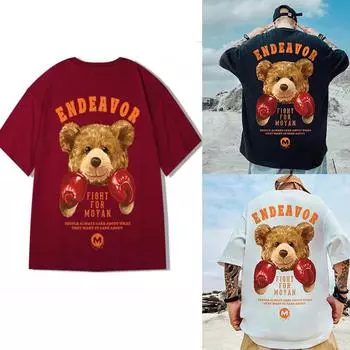 Бокс Тедди Медведь Удобная мужская летняя повседневная футболка с коротким рукавом Спортивная свободная футболка M чёрный