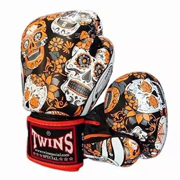 Боксерские перчатки Twins из натуральной кожи Sugar Skull 12 унций оранжево-черные