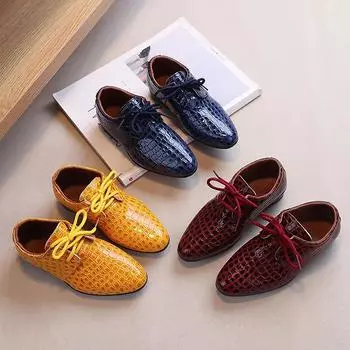 Boy Leather Shoe British Style Children s Flats Retro School Performance Versatile Kids Fashion Causal Lace-up Pointed Toe Shoes 21 жёлтый