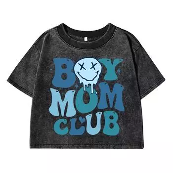 Boy Mom Club Smile Face Print Female Washed Short T-Shirt Fashion Street Retro Tops Summer Midriff-Baring Clothes M