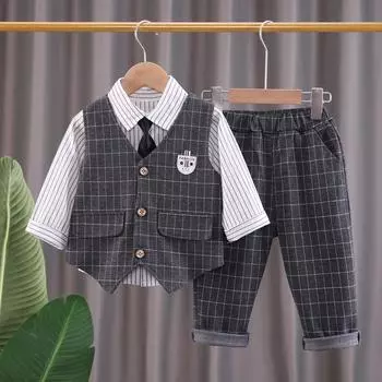 Boy Suit Spring Autumn Boy s Baby Children s Checkered Vest Handsome Little Boy s Wedding Shirt 120cm серый