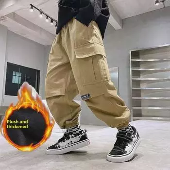 Boys 2023 Autumn/Winter Plus Velvet Thick Leggings: Versatile Overalls for Older Kids 150 cm хаки