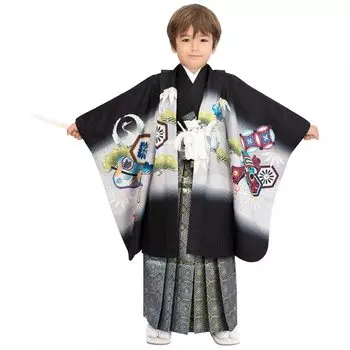 Boys 5 Years Old Kimono Hakama Set [KYOETSU] Shichi-Go-San (Tachi Helmet-Black (Hakama Indigo))
