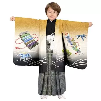 Boys 5 Years Old Kimono Hakama Set Ewa Patterned Hakama years old [KYOETSU] Shichi-Go-San (5 size, 8-Golden Brown-Kabuto (Hakama Indigo))