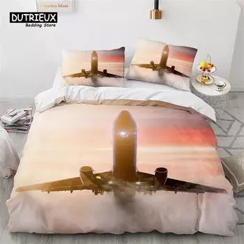 Boys Airplane Duvet Cover King Queen Polyester Aviation Aircraft Runway Bedding Set Sky Scenery Bedspread Cover With Pillowcase EU single(135x200cm)