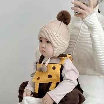 Boys and girls knitted hats autumn and winter cute hairball warm baby bag head hat small month age windproof ear protection wool hat Suitable for 3-18 months 42-46cm