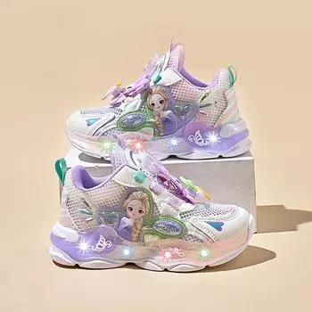 Boys and girls summer new single mesh with lamp hollow breathable lightweight soft sole casual children s sports shoes wear-resistant running 25 розовый