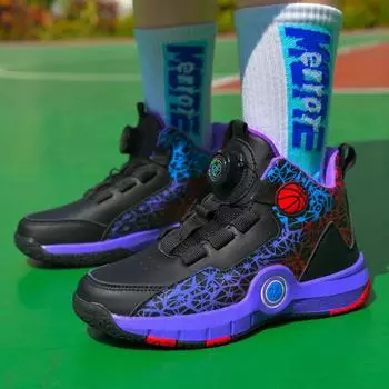 Boys basketball shoes spring and autumn 2024 new middle and older children s basketball shoes rotating button leather lace-up shoes 31