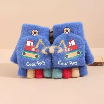 Boys Cartoon Digging Half-finger Gloves Children s Cold-proof and Warm Flip-top Finger Gloves Little Boy s Velvet Primary School Student Gloves One size