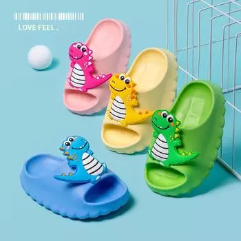 Летние тапочки с открытым носком и противоскользящим рисунком динозавра для мальчиков 2024 года, универсальные однотонные модные пляжные туфли для девочек и детей, новые 150(Inner 14cm) зелёный