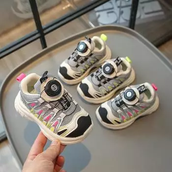 Кроссовки для мальчиков с вращающимися кнопками, осенняя мода для девочек, повседневная обувь для детей среднего и младшего возраста, кроссовки 21 серый